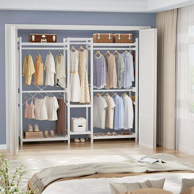 Homykic Bamboo Closet System, Large Clothing Rack for Hanging Clothes, Freestanding Clothes Rack with 7 Shelves & 5 Hanging Rods, Open Wardrobe Closet Organizer Garment Rack with 4 Hooks, Pure White