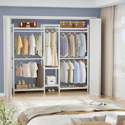 Homykic Bamboo Closet System, Large Clothing Rack for Hanging Clothes, Freestanding Clothes Rack with 7 Shelves & 5 Hanging Rods, Open Wardrobe Closet Organizer Garment Rack with 4 Hooks, Pure White
