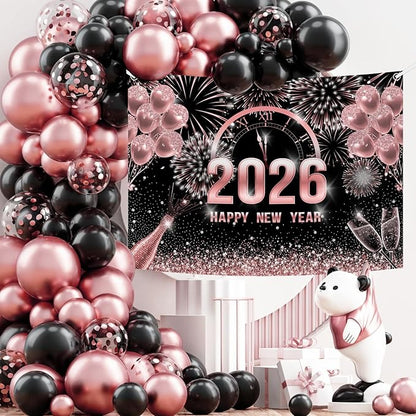 MEHOFOND 7x5ft Rose Gold 2026 Happy New Year Backdrop Cheers to 2026 New Year Eve Glitter Photography Background Hello 2026 Party Champagne Balloon Fireworks Decor Banner Cake Smash Photo Props
