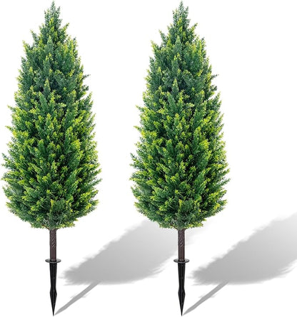 4FT Tall Artificial Cypress Plant Set of 2, Realistic Topiary Fake Plant with Spike, Artificial Cypress Topiary for Indoor &Outdoor, Home, Offices, Porch Decor