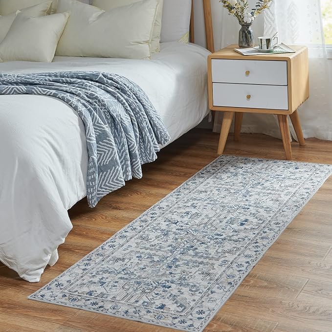 jinchan Runner Rug 2x6 - Vintage Hallway Machine Washable Rug Floral Non Slip with Rubber Backing Ultra-Thin Carpet Runner for Kitchen Bedroom Laundry Room Farmhouse Entryway (2x6ft,Blue)