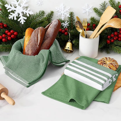 Homaxy Premium Kitchen Towels(18”x 28”, 3 Pack), Large Cotton 380 GSM Kitchen Hand Towels, Soft and Absorbent Terry Dish Towels, Multipurpose Tea Towel Set with Hanging Loop, Grass Green
