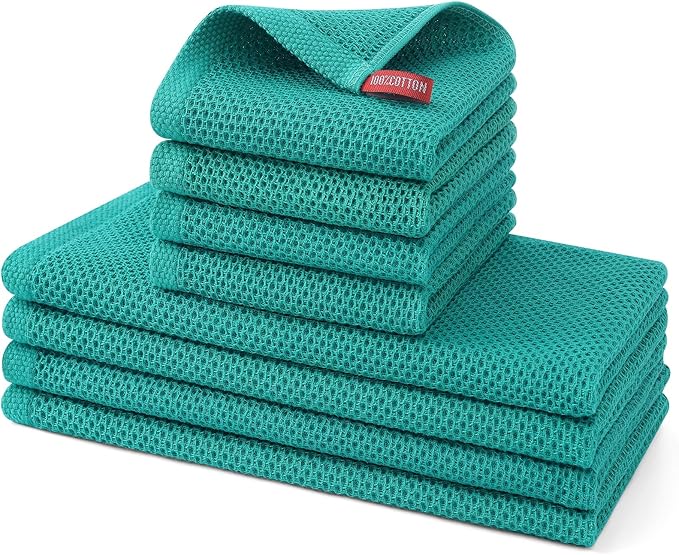 Kitinjoy 100% Cotton Kitchen Towels and Dishcloths Set, 8 Pack Waffle Weave Dish Towels Ultra Soft Absorbent Quick Drying Dish Rags, 13 x 28 Inch and 12 X 12 Inch, Teal