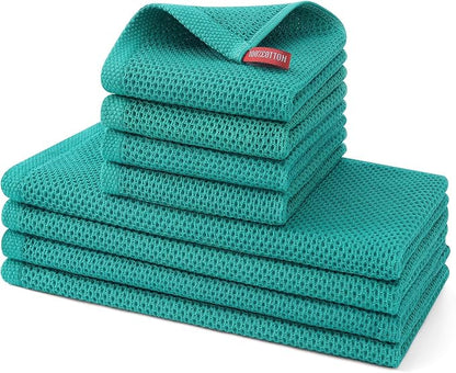 Kitinjoy 100% Cotton Kitchen Towels and Dishcloths Set, 8 Pack Waffle Weave Dish Towels Ultra Soft Absorbent Quick Drying Dish Rags, 13 x 28 Inch and 12 X 12 Inch, Teal