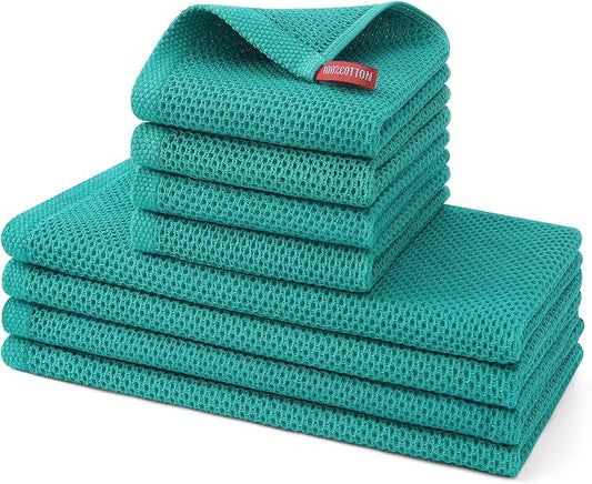 Kitinjoy 100% Cotton Kitchen Towels and Dishcloths Set, 8 Pack Waffle Weave Dish Towels Ultra Soft Absorbent Quick Drying Dish Rags, 13 x 28 Inch and 12 X 12 Inch, Teal