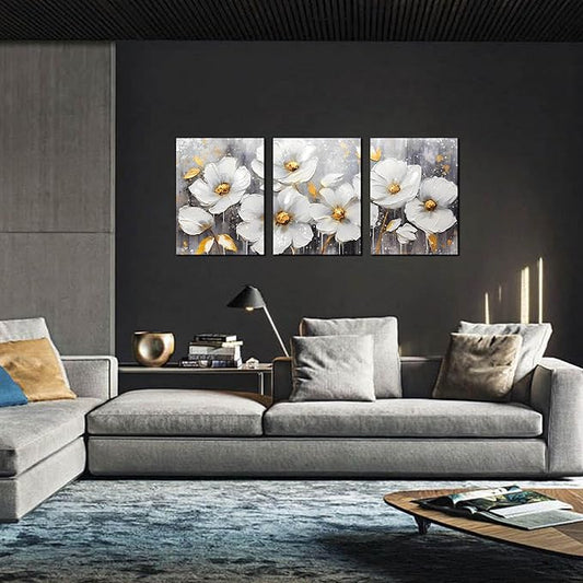 White Flowers Wall Art for Bedroom - Modern Canvas Wall Art for Office - 3 Piece Wall Art for Living Room 12" x 16"