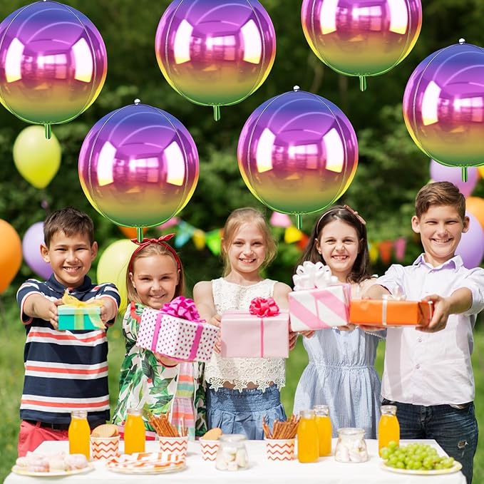 6Pcs Gradient Rainbow Round Foil Balloons, 22" Large Helium Colorful Ball Balloon, Metallic Multicolor Iridescent Mylar Balloon for Birthday Graduation Wedding Anniversary Disco Prom Party Decorations