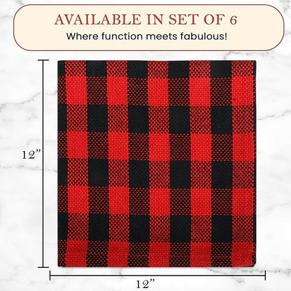 Vintage Vista 100% Cotton Dish Cloths (Pack of 6) - Dish Rags for Washing Dishes - Reusable & Highly Absorbent Kitchen Towels - Kitchen Rags for Christmas - (12" x 12" - Black & Red Checkered)