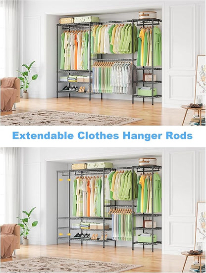 Ulif E11 Heavy-Duty Garment Rack, Metal Freestanding Clothes Rack and Closet Storage Organizer System with 8 Shelves and 4 Hanger Rods, (73.2 - 97.6)"W x 14.5"D x 71.2"H, Load 1034 LBS, Black