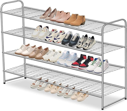 AOODA Long 4 Tier Shoe Rack for Closet Metal Wide Shoe Storage Organizer for Entryway, Bedroom, Floor, Holds 30 Pairs Men Sneakers Stackable Boot Shelf with Wire Grid, Grey