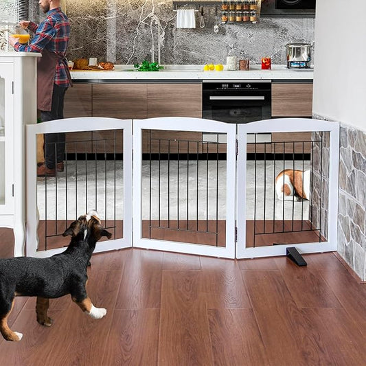 ZJSF Freestanding Dog Fence Indoor, Foldable Dog Gate for Doorways, Stairs or Hallways, Sturdy Wood Extra Wide Pet Gate with Support Feet for The House, White, 24 "Height-3 Panels