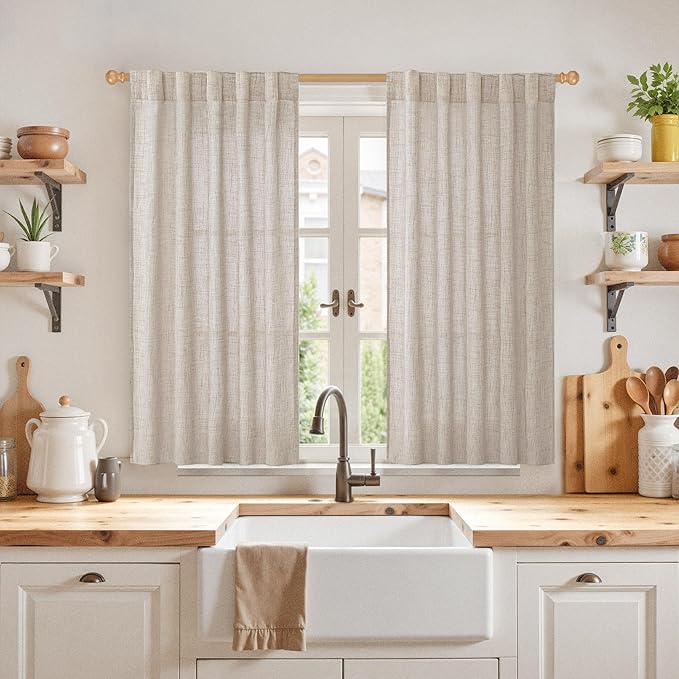 YoungsTex Short Linen Curtains 45 Inch Length for Kitchen Windows, Natural Light Filtering Drapes with Rod Pocket Back Tab Semi Sheer for Bathroom Cafe Window, 2 Panels, 42 X 45 Inch