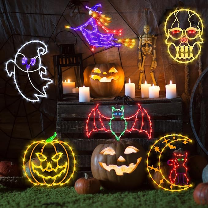 16" Halloween Window Silhouette Lights Decorations - 6 Pack Colour Lighted Ghost ＆ Pumpkin ＆ Witch ＆ Bat ＆ Skull Head ＆ Cat on Moon for Holiday Indoor and Outdoor Wall Door Window Decorate