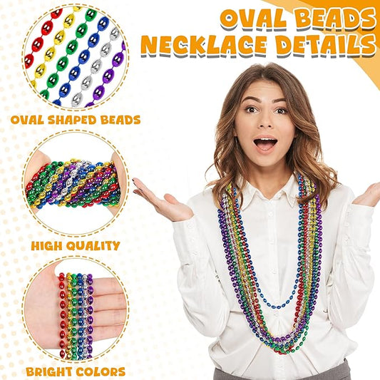 24PCS Mardi Gras Beads, Metallic 6 Kinds of Color Bead Necklaces, Aesthetic 32" Oval Necklaces Costume Beaded Party Favors, Festival Parade Throw Accessories for Wedding Birthday Party Favors Decor