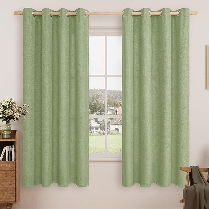 LAMIT Linen Textured Curtains for Living Room, 63 inches Long Grommet Thermal Insulated Thick Curtains Light Filtering Panels for Bedroom/Farmhouse, Set of 2 Panels, W52 x L63, Sage Green