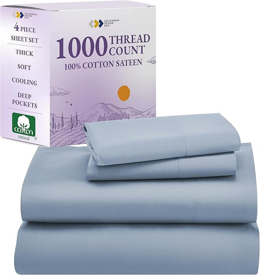 California Design Den King Sheets Set - Luxury 1000 Thread Count Sateen, Thick and Natural 100% Cotton Bed Sheet Set, Deep Pockets, Soft, Breathable and Durable Bedding - Blue