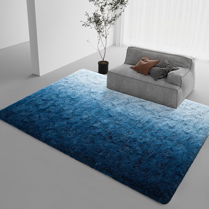 DweIke Luxury Fluffy Kids Rugs for Living Room Bedroom, 6x9 Large Shaggy Gradient Navy Blue Area Rug for Girls Boys, Upgrade Plush Non-Slip and Washable Colorful Fuzzy Carpet for Dorm Nursery Decor