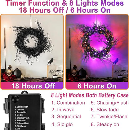 9 FT 66 LED Halloween Black Garland Willow Vine Twig Decor with Orange & Purple Light, 8 Modes & Timer Battery Operated Waterproof Halloween Decorations Indoor for Mantle Fireplace Home Party Decor