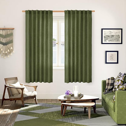 YoungsTex Olive Green Linen Semi Sheer Curtains 72 Inch Length for Living Room, Light Filtering Drape Rod Pocket Back Tab Window Treatment for Bedroom Dining, 2 Panels, 52 X 72 Inch
