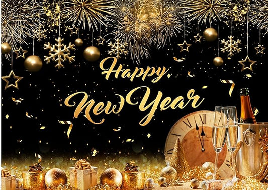 CHAIYA 8X6ft 2026 Happy New Year Party Backdrop Fabric Sign Poster Banner with Pattern Firework for New Year Party Decoration Photo Props Background Supplies