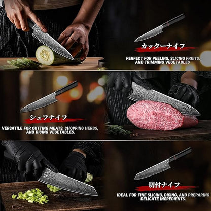 TIVOLI Damascus Knife Set 3PCS, Japanese Kitchen Knife With VG10，Ultra Sharp Cooking Knife Set With Octagonal Handle，Professional Chef Knives Set for Meat Vegetable Fruit, Ideal Gift for Dad，Mom