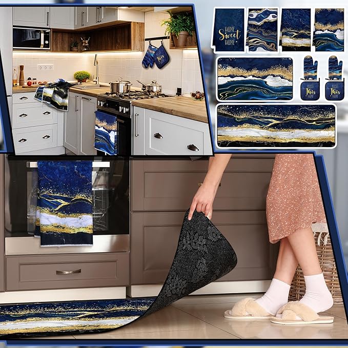 10 Pcs Christmas Marble Farmhouse Kitchen Decor Accessories Set Marble Kitchen Dish Towels Rugs Oven Mitts and Pot Holders Sets for Cooking Baking Daughter Mom Gift(Blue)
