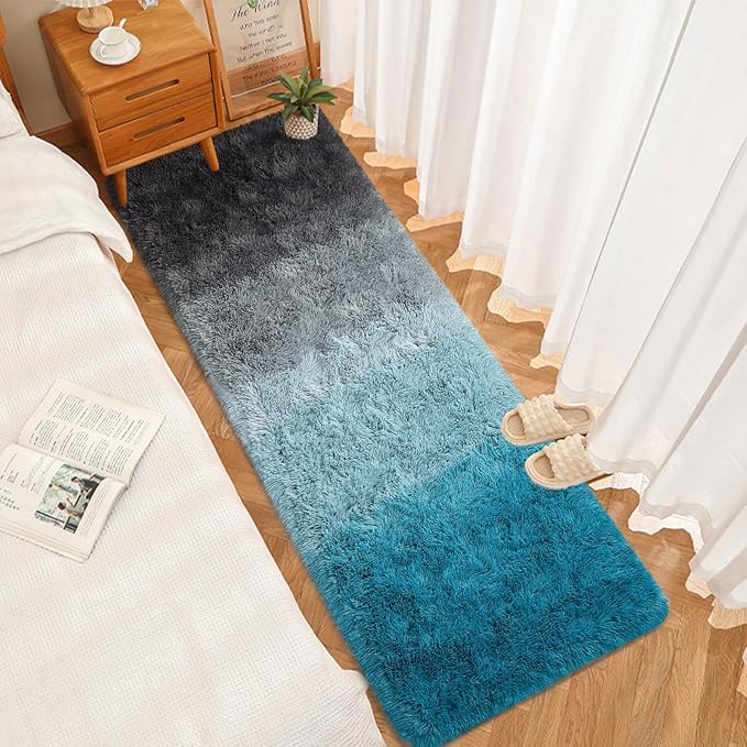 DweIke Luxury Shaggy Runner Rugs for Bedroom, 2x6 Feet Fluffy Runners Carpet for Girls Boys Kids, Non-Slip Extra Comfy Plush Bed Beside Rug for Living Room Nursery Home Decor, Black and Blue