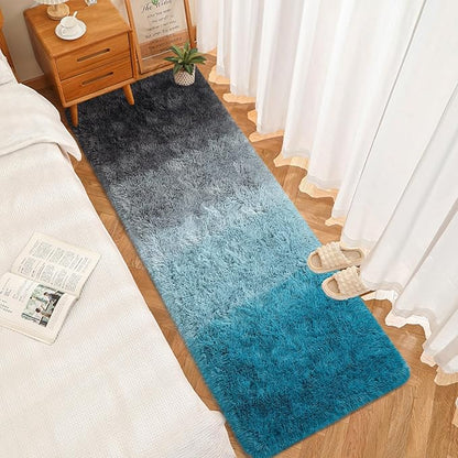 DweIke Luxury Shaggy Runner Rugs for Bedroom, 2x6 Feet Fluffy Runners Carpet for Girls Boys Kids, Non-Slip Extra Comfy Plush Bed Beside Rug for Living Room Nursery Home Decor, Black and Blue