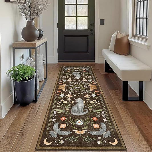 GarveeHome 2x6 Cat Washable Runner Rug for Kitchen, Soft Brown Hallway Runner Non Slip Mushroom Moths Entryway Rug Floral Laundry Mat Stain Resistant Carpet for Bedroom Bathroom Beside Rug
