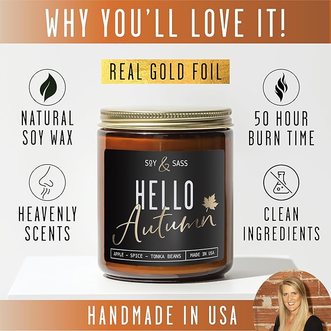 Fall Candles - ‘Hello Autumn’ Soy Fall Candle w/Apple, Cinnamon & Nutmeg I Infused with Essential Oils I Autumn Scented Candles I Cozy Décor Gifts I 9oz Jar I 50Hr Burn I Made in USA