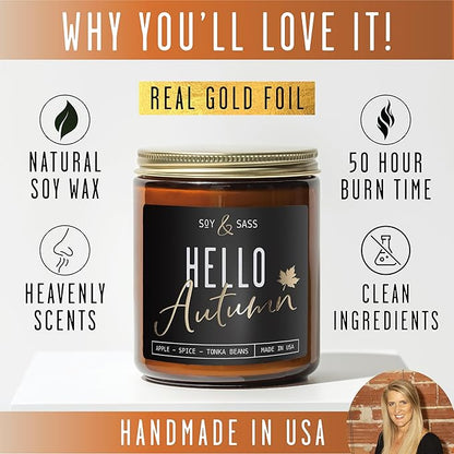 Fall Candles - ‘Hello Autumn’ Soy Fall Candle w/Apple, Cinnamon & Nutmeg I Infused with Essential Oils I Autumn Scented Candles I Cozy Décor Gifts I 9oz Jar I 50Hr Burn I Made in USA