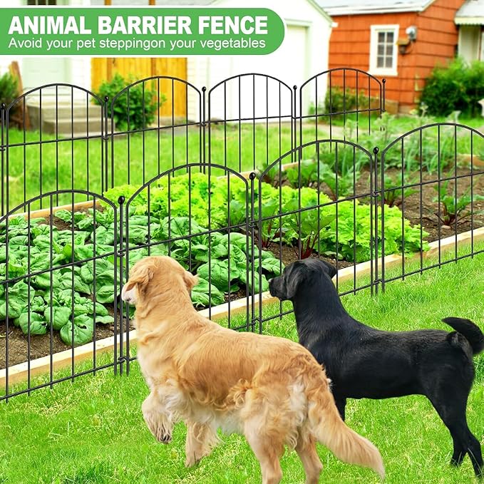 10 Panels No Dig Metal Garden Fence, Rustproof Decorative Dog & Rabbit Barrier with 11 Sturdy Stakes, Outdoor Animal Fencing for Yard, Patio, Flower Beds (Black)