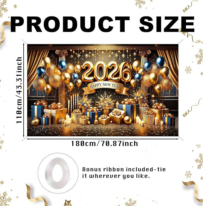 Nuxovilar Happy New Year Banner, 2026 Golden Chandeliers Backdrop for Party Decorations, 71x43 Inch