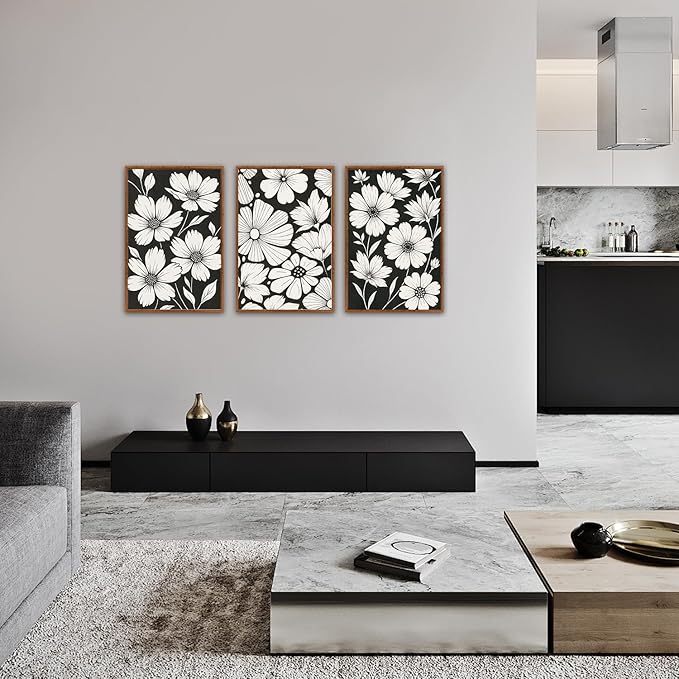 HLNIUC Abstract Black and White Framed Canvas Wall Art,White Daisy Flower Plant Poster,Modern Minimalist Floral Painting,Botanical Floral Canvas Art Print for Living Room Bedroom-16 x24 x3