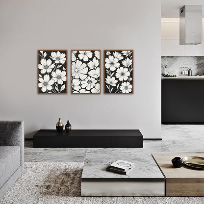 HLNIUC Abstract Black and White Framed Canvas Wall Art,White Daisy Flower Plant Poster,Modern Minimalist Floral Painting,Botanical Floral Canvas Art Print for Living Room Bedroom-16 x24 x3
