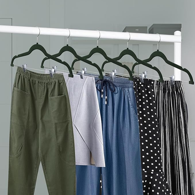 Velvet Skirt Hangers – with Adjustable Clips, 360 Degree Swivel Hook, and Non-Slip Shoulder Notch, Holds Up to 10 lbs, for Organizing Skirt, Pants, Dress, and Clothes, Pack of 50, Green