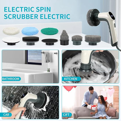 Electric Rotary Cleaner with Led Screen, 8 Replaceable Brush Heads, 2 Speeds, Handheld Electric Multifunctional Cleaning Brush, Used for Cleaning of Floors, Windows, Bathtubs, Cars, Bathrooms