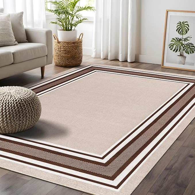 Beverly Rug Non Slip Area Rugs 3x5 Modern Bordered Non Skid Rubber Backing Soft Area Rug for Living Dining Room Easy to Clean Non Shedding Kitchen Bedroom Indoor Carpet 3 x 5 Beige-Brown