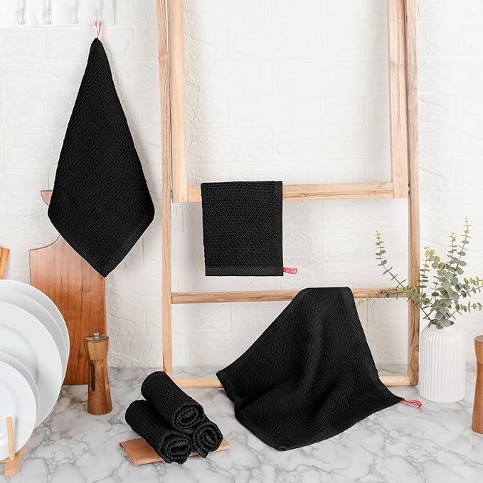 Cotton Waffle Weave Kitchen Wash Cloths - Pack of 6 (12x12 Inches) | Ultra Soft, Absorbent Dish Cloth | Quick Dry, Dish Cloths & Dish Rags - Black (Kitchen Essentials)