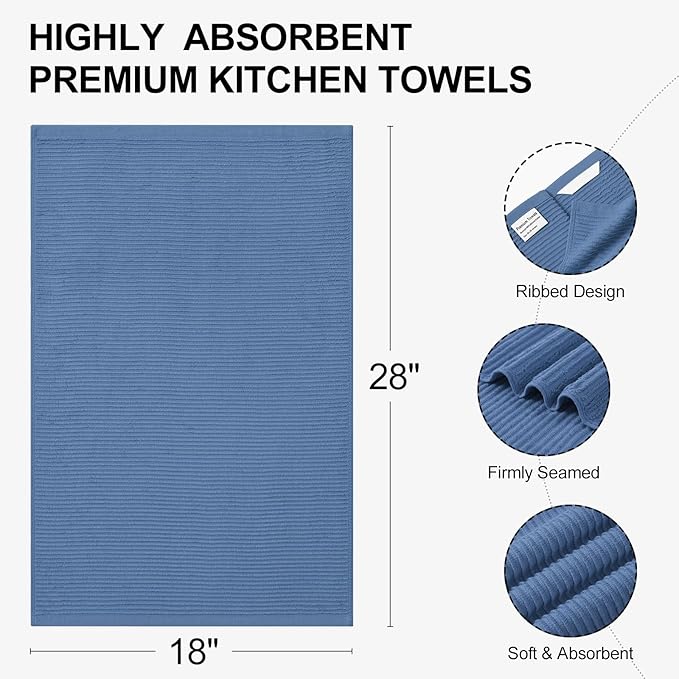 Homaxy Premium Kitchen Towels (18"x 28", 12 Pack), Large 100% Cotton Kitchen Hand Towels, Ultra Absorbent Ribbed Terry Tea Towels Set with Hanging Loop, Navy Blue