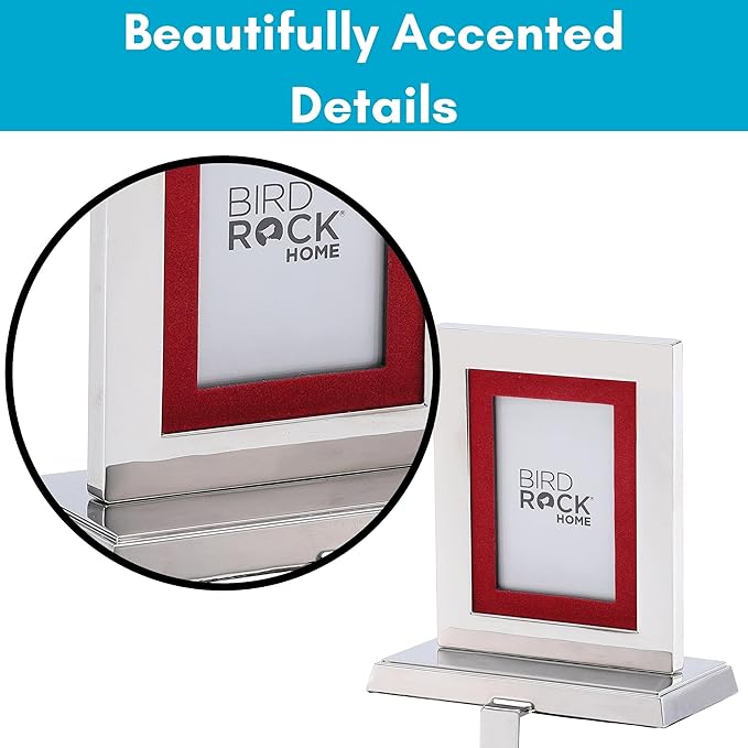 BIRDROCK HOME Photo Frame Stocking Holders - Holiday Greetings Mantle Fireplace Topper - Decorative Christmas Stocking Holder - Stainless Steel (Rectangle - Set of 4)