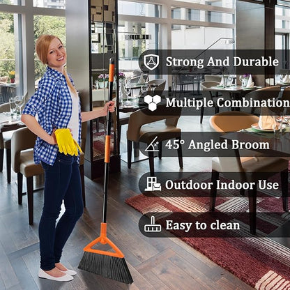 4 PCS Outdoor Indoor Broom, Brooms for Sweeeping Indoor, Heavy-Duty Kitchen Broom with Long Pole, Angle Broom Orange for Garages Restaurant Courtyard Office Slidewalk Lobby Sweep Dust