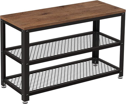 VASAGLE, 3-Tier Shoe Rack, Shelf Storage Bench with Metal Mesh Shelves and Seat, Free Standing Shoe Organizer for Entryway, 11.8 x 28.7 x 17.7 Inches, Hazelnut Brown and Black ULBS073B03