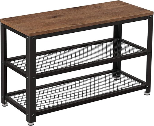 VASAGLE, 3-Tier Shoe Rack, Shelf Storage Bench with Metal Mesh Shelves and Seat, Free Standing Shoe Organizer for Entryway, 11.8 x 28.7 x 17.7 Inches, Hazelnut Brown and Black ULBS073B03