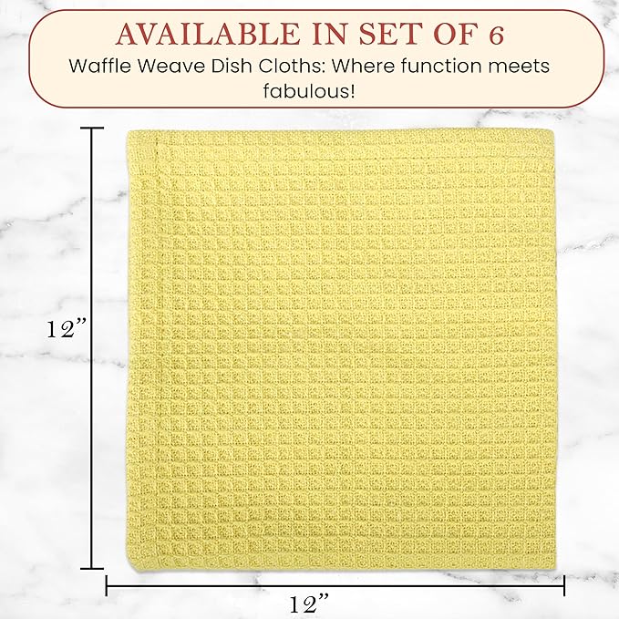 Vintage Vista 100% Cotton Waffle Dish Cloths (Pack of 6) - Dish Rags for Washing Dishes - Reusable & Highly Absorbent Kitchen Towels - Kitchen Rags for Christmas - (12" x 12" - Lemon Yellow)