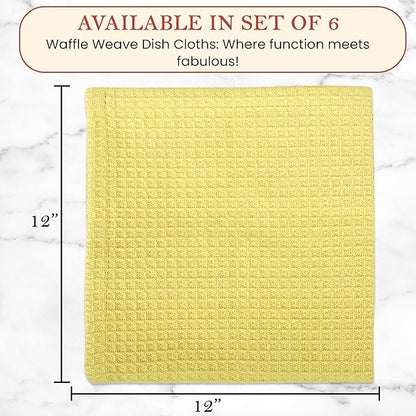 Vintage Vista 100% Cotton Waffle Dish Cloths (Pack of 6) - Dish Rags for Washing Dishes - Reusable & Highly Absorbent Kitchen Towels - Kitchen Rags for Christmas - (12" x 12" - Lemon Yellow)