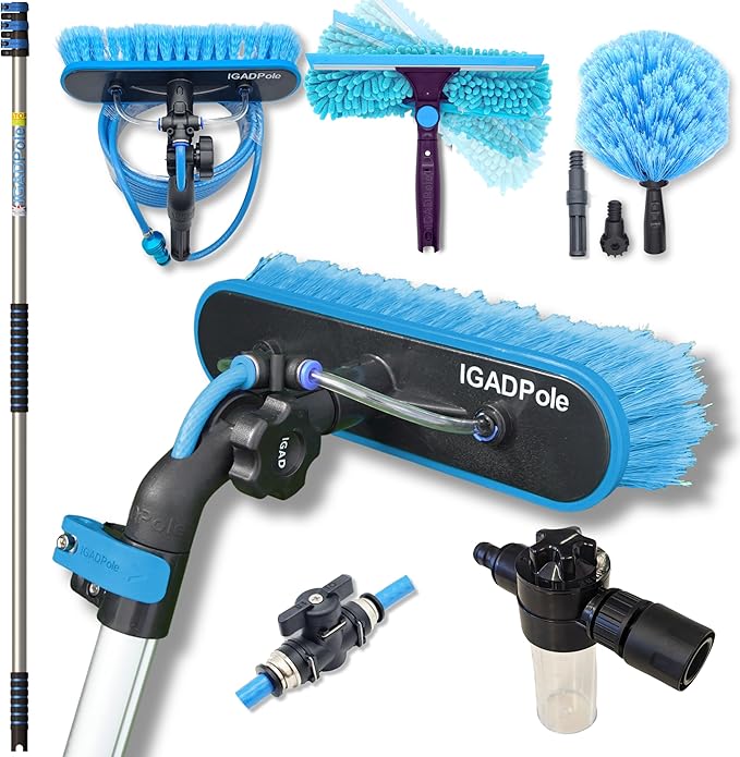 IGADPole Washing Kit: Water-fed Brush, Cobweb Duster and 10” Squeegee and Soap Dispenser, with 3-Stage Telescoping Pole 5-12ft Pole