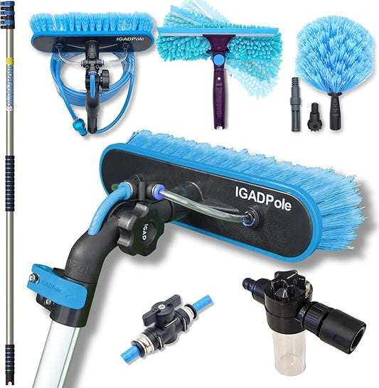 IGADPole Washing Kit: Water-fed Brush, Cobweb Duster and 10” Squeegee and Soap Dispenser, with 3-Stage Telescoping Pole 5-12ft Pole