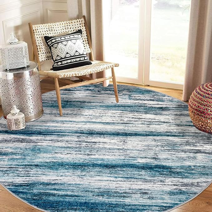 KOZYFLY Abstract Round Washable Rug 3Ft, Modern Kitchen Non-Slip Soft Small Bathroom Circle Rug, Blue Striped Entryway Rugs Print Faux Wool Doormat for Bedside Entrance Bedroom Sink