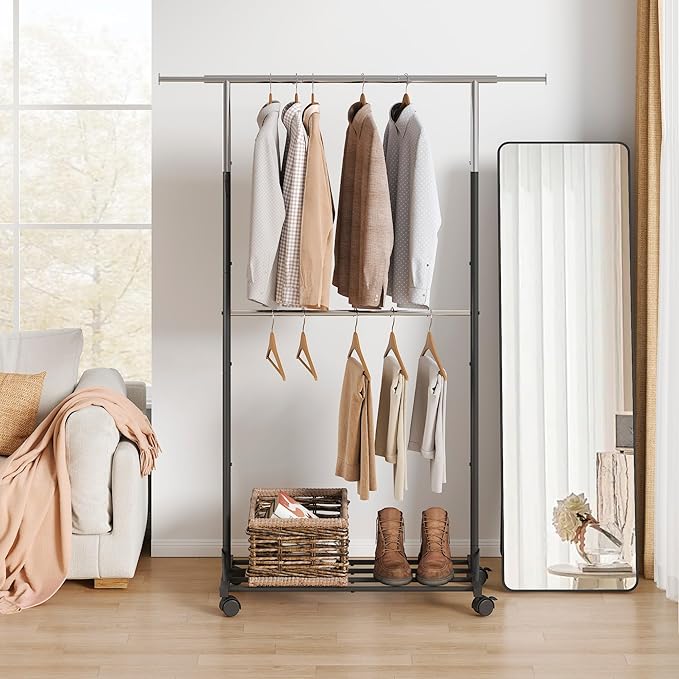 FAVOOSTY Hanging racks for clothes Rack with Wheels Garment racks for hanging clothes racks for hanging clothes Double adjustable Clothes Organizer for kids with Extendable Rod Black